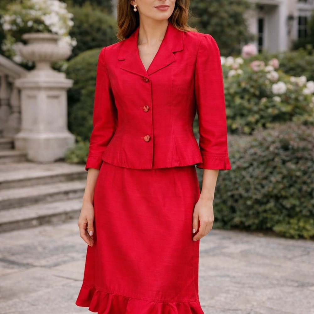 Vintage Teri Jon Silk Skirt Suit Red Neiman Marcus Womens Size 12 Korea Designer
